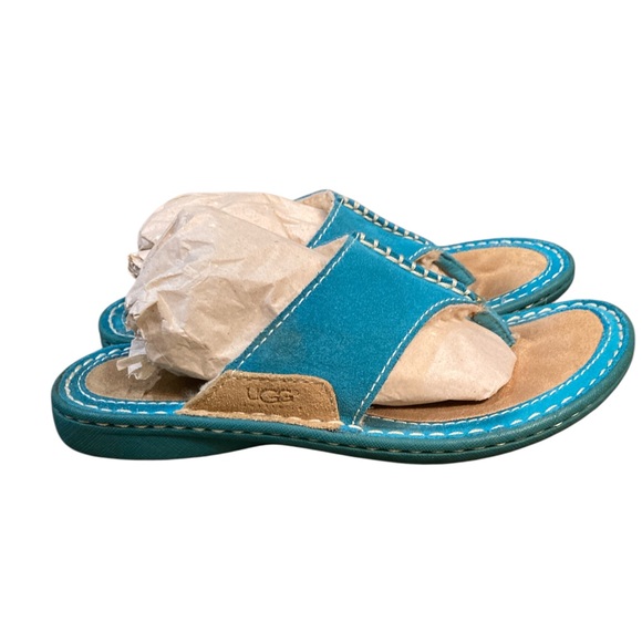 UGG Layback Suede Shearling Thong Flip Flops in Turquoise Size 4 EUC - Picture 3 of 9